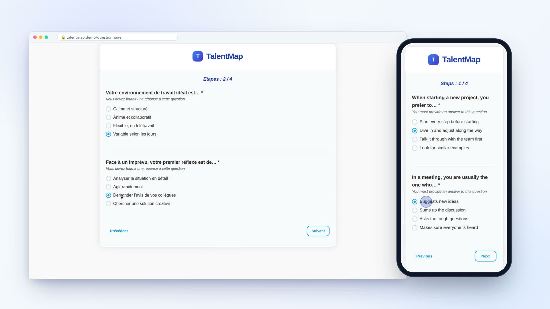 The online questionnaire, in French on a computer and in English on a phone