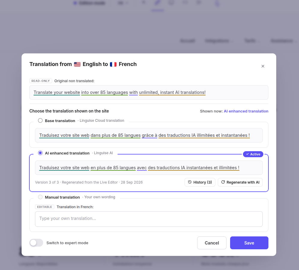 The Linguise Live Editor: for one sentence, a choice between the base translation, an AI-enhanced translation and a manual translation